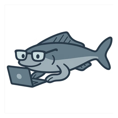 flat toon style remora fish with glasses and a laptop sticker