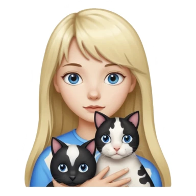 One  cat black and white stain like a cow in the arms of long blond hair girl with bangs and blue eyes sticker