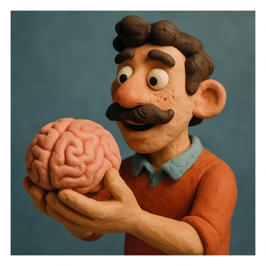 Enhance the claymation man holding a brain by adding more depth and dimension to the image. Make him more attractive and quirky, inspired by the first version, with dark curly hair, thick mustache, light skin, freckles, more movement, claymation style, visible fingerprints, and pastel colors. sticker