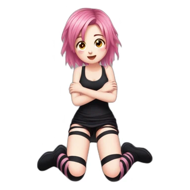 Front view curvy emo girl pink hair sits on the floor straight view hands up black skirt striped torn stockings sticker