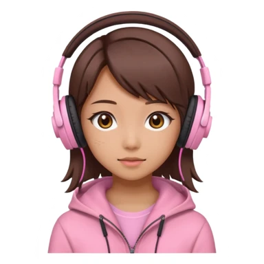 a japanese girl with brown layered cut hair. she has dark brown eyes, and has a cute super light pink gaming headphones sticker