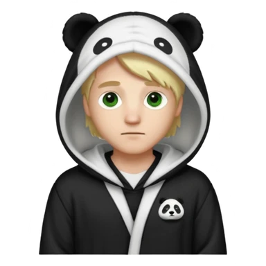 A white man with green eyes, medium-length blond hair, wearing a panda hoodie and black pajama-like robes. sticker