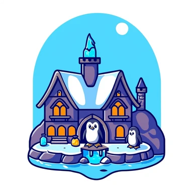 Cozy wizard's cottage for a penguin, ice cave with magical blue glow and potion bottles sticker