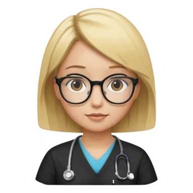 A girl in black scrubs with a blonde bob and glasses no stethoscope  sticker