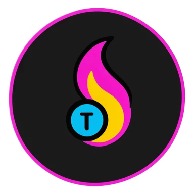 Minimalist sticker with white 'tt' letters on a black circle with cyan, magenta, and yellow dots below, fire emoji with street style influence sticker