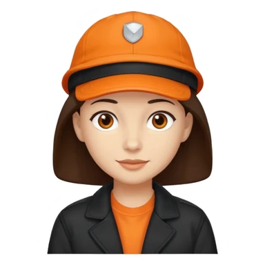 Kindly Keyin with dark brown hair, orange cap and shirt, black jacket sticker