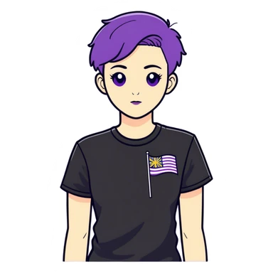 Androgynous person with short purple hair wearing a non-binary flag T-shirt  sticker