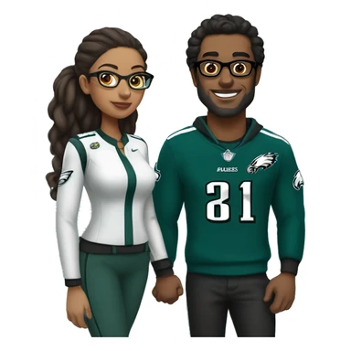 Brown guy and brown girl with glasses and hair in a bun in Philadelphia eagles clothes holding hands sticker