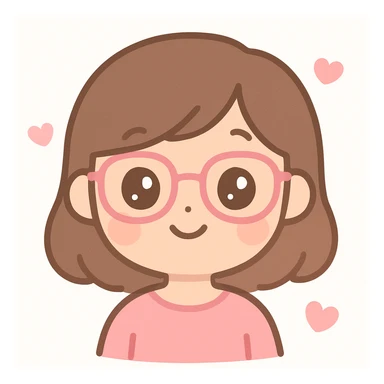 girl with medium brown hair and brown eyes, wearing pink glasses, cute cartoon style sticker