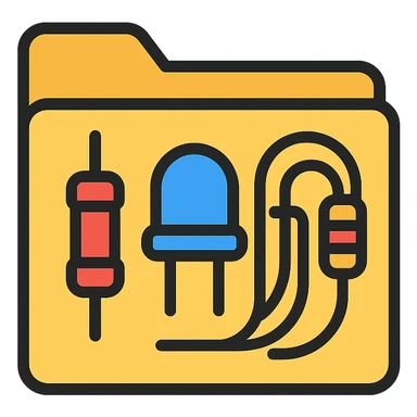 folder icon containing electric parts inventory with visible components like resistors, capacitors, and wires sticker