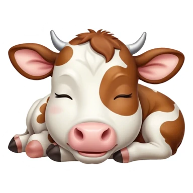 Meme-Worthy Cute Sleeping Brown and White Cow Portrait Emoji, Head resting peacefully with a contented smile, showcasing a robust build and a luxuriously soft patterned hide of brown and white, eyes shut in a serene, restful nap, Simplified yet hilariously adorable features, highly detailed, glowing with a soft, drowsy light, high shine, relaxed and utterly lovable, stylized with an air of playful laziness, bright and heartwarming, soft glowing outline, capturing the essence of a comically sleepy cow, so meme-worthy it feels like it could instantly become the next viral sensation of adorable slumber! sticker