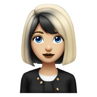 waist-length portrait, looking up, Slavic adult woman, goth eyes makeup, blue eyes, medium bob black-to-blonde ombre straight hair, white T-shirt and black office jacket. sticker