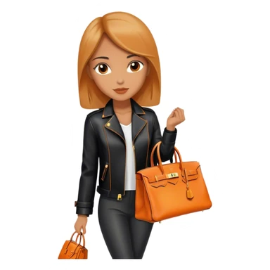 Beautiful woman wearing a leather Hermes jacket and carrying an orange Hermes Birkin Bag. I want the image to be close up.  sticker