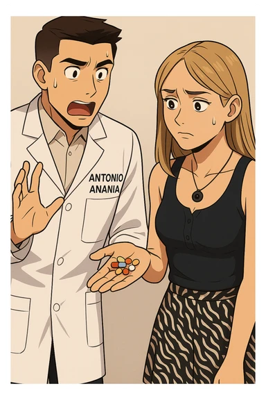 fai un webtoon/manga a colori con questo kinesiologo in camice bianco (fagli la scritta "ANTONIO ANANIA" SUL CAMICE) CHE PARLA CON QUESTA RAGAZZA. LA RAGAZZA HA UN PUGNO DI INTEGRATORI IN MANO (TANTE PILLOLE DIVERSE) E LE GUARDA DUBBIOSA. IL KINESIOLOGO CON IL CAMICE BIANCO LE DOMANDA UNA COSA SCIOCCATO. NON FARE I FUMETTI, FAI SOLO LORO COME SE DIALOGASSERO sticker