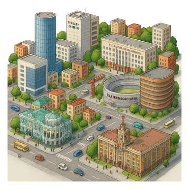 Изометричная миниатюрная фотореалистичная 3D модель Екатеринбурга - Дом Севастьянова, Ельцин-центр, Уральский федеральный университет, дома, Екатеринбург Арена, Медный дом, Здание Свердловского городского совета народных депутатов, четкие линии, яркие цвета, мультяшный реализм, люди, автотранспорт, компактная композиция, вид сверху в изометрии, прозрачный фон sticker