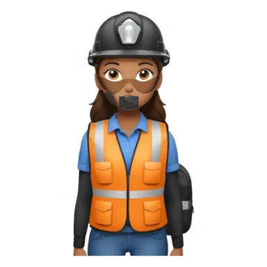 Brunette brown Girl full body standing with her white security helmet and security vest that fits her big on, also with her black backpack sticker