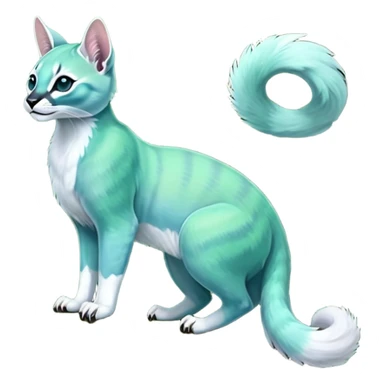 Colorful dark tropical iridescent pale light jade-green, mint-blue, whitish pastel white glorious divine exotic cute cool beautiful shiny beautiful fantasy-caracal-civet-genet-sergal-vernid-Cacomistle-Trico-oncilla-animal-Fakémon-hybrid-fursona (full body) sticker