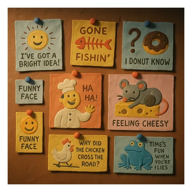 claymation style wall of jokes, a matte plasticine claymation style scene of a wall covered with various humorous illustrations and jokes sticker