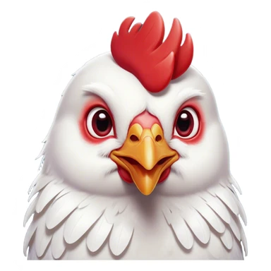 Cinematic Cute White Chicken Portrait Emoji, Head tilted playfully and inquisitively, featuring smooth, immaculate white feathers and a delicate red comb, round, sparkling beady eyes filled with curiosity, Simplified yet irresistibly adorable features, highly detailed, glowing with a warm, friendly glow, high shine, affectionate and lively, stylized with a touch of farmyard whimsy, bright and endearing, soft glowing outline, capturing the essence of a mischievous yet loving chicken, so playful it feels like it could peck out of the screen and into your arms! sticker