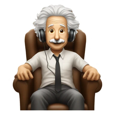 albert einstein happy listening music with just wireless headphones while sitting on the brown chair sticker