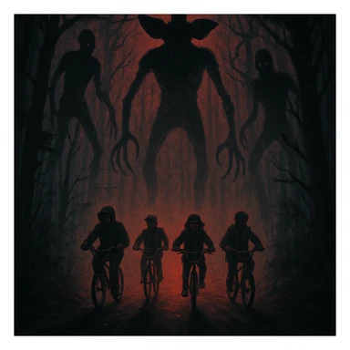 Stranger Things series horror poster style, the kids on bikes riding through a foggy forest with shadowy monsters lurking sticker