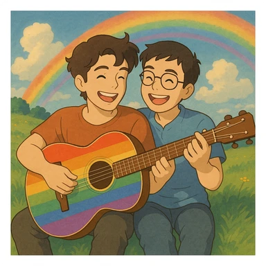 rainbow guitar with a happy gay couple playing it sticker