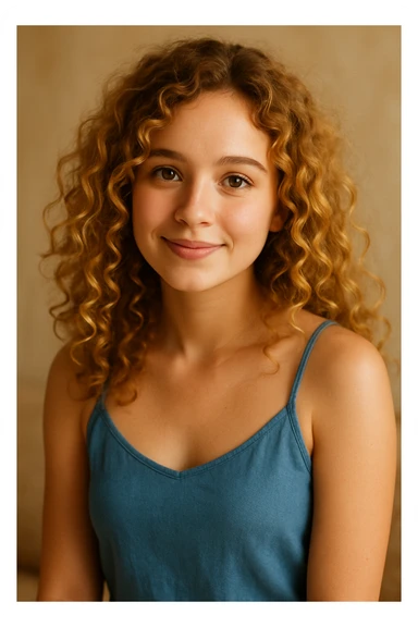 A girl with curly golden hair, brown eyes, blue camisole dress, cute and approachable sticker