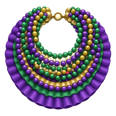Add Mardi Gras beads to the simple collar while keeping the basic purple, green, and gold ruffles. The style should resemble emoji style with a transparent background. sticker