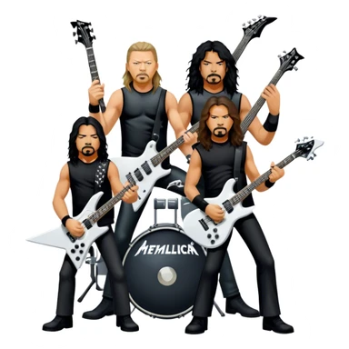 Icon for Metal Music: Metallica band members detailed in their signature look. James Hetfield with guitar, Lars Ulrich on drums, Kirk Hammett with his electric guitar, and Robert Trujillo playing bass. Bold, energetic style with musical notes, all in a heavy metal aesthetic. Transparent background. sticker