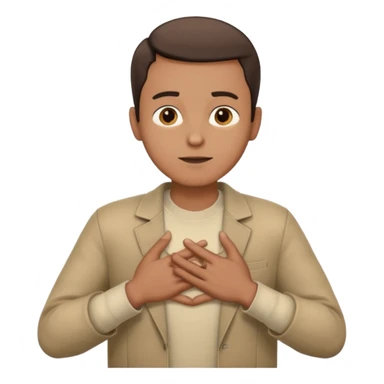 un hombre con las dos manos en el pecho, con las palmas de las manos abiertas. con ropa sticker