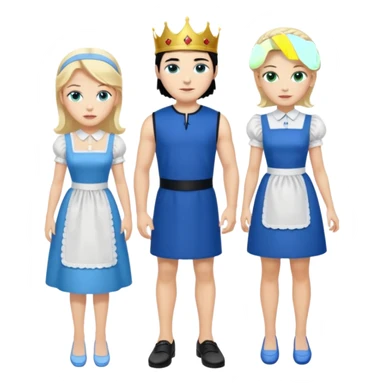 King, black hair, body, legst, blue eyes, blue garmont,  shoes, maid blonde hair, green eyes, sexy short sleveless White dress, shoes sticker