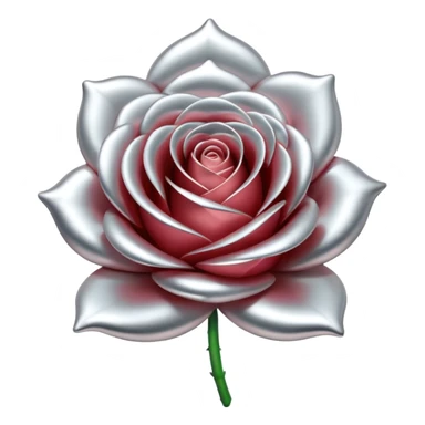 A rose emoji made of liquid silver metal, smooth metallic petals, reflective chrome surface, soft gradients, elegant shape, minimalistic iOS emoji style, centered, clean white background, realistic highlights, no text sticker
