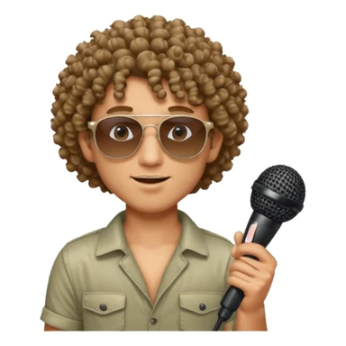 curly haired man with summer clothes and sun glasses holding microphone sticker