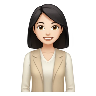 A woman with light to medium-toned skin, black shoulder-length straight hair, almond-shaped eyes, joyful smile, wearing a white long-sleeve top and a light beige sleeveless open-front vest, exuding warmth and elegance. sticker