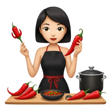 asian black short shoulder length hair tanned woman, black dress cooking, holding chili pepper sticker