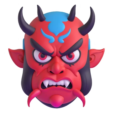 Japanese Tengu demon mask with thick black eyebrows, large cartoonish angry eyes, big curved red nose, black mustache, tongue sticking out, and blue sweat droplets on forehead sticker