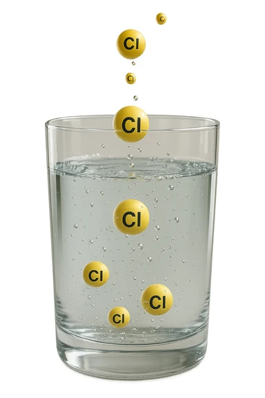 un bicchiere di acqua fluttua in aria realistico e dettagliato, dentro l'acqua del bicchiere ci sono particelle di cloro ben visibili con la scritta "Cl" sopra, ci sono particelle anche che escono dal bicchiere e fluttuano in aria verticalmente, mentre alcune sono all'interno dell'acqua nel bicchiere, iperrealistico 4k sticker