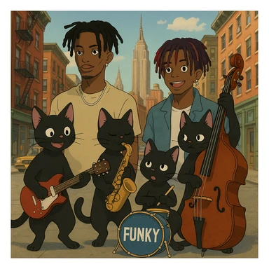 ghibli style gang of black cats performing funky music in New York with Playboi Carti and Lil Uzi Vert in the background sticker