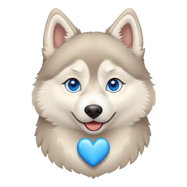 Beige husky with blue eyes and a heart sticker