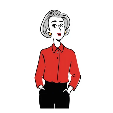 Sophisticated senior woman in her 70s with radiant complexion, elegant silver-gray bob haircut, hazel eyes, defined cheekbones, wearing vibrant red lipstick and a structured red blouse sticker