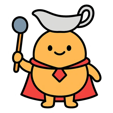 mascot style Gravy Lord round friendly character with a gravy boat hat, cape, and ladle, bold simple style sticker