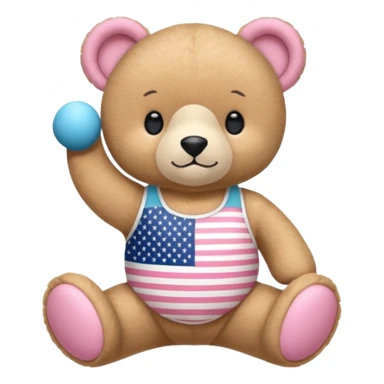 osito de peluche cafe claro con ropita rosa claro y estapado de la bandera de usa y otro con una liga de pilates en la cabeza y con ropa deportiva sticker