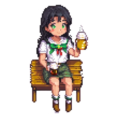 black haired girl drinking beer, pixel art style sticker