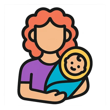 Woman with curly red hair holding a baby, wearing purple clothing, color outline style, no background. sticker