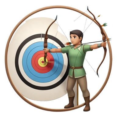 An archer drawing a bow and aiming an arrow at a target, with perfect focus and precision. The target is visible in the background, featuring concentric rings. The scene captures the concentration and skill involved in archery, emphasizing the elegance and accuracy of the sport. sticker