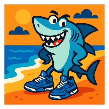 fun and lively cartoon style shark near the coast of a beach, wearing four blue Jordan tennis shoes sticker