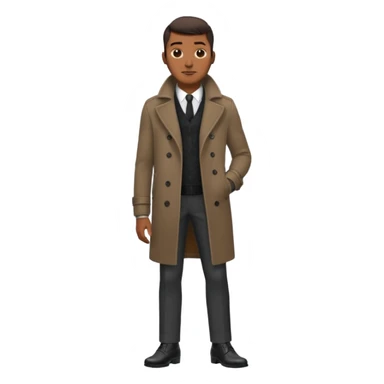 Handsome Black guy with brown skin tone, wearing black slacks, a gray sweater, long brown pea coat, and black shoes sticker