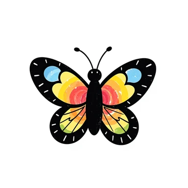 colorful butterfly in childlike crayon doodle style, centered, isolated on white background sticker