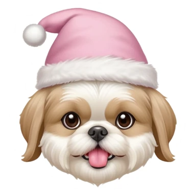 one white all over little shih tzu dog with tongue hanging out sitting with light pink christmas hat sticker