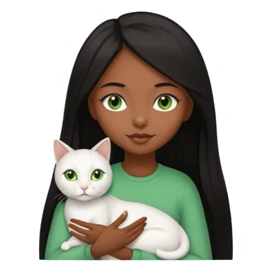 black girl with brown eyes with straight long black hair with a side part.  holding a female white cat. the cat has green eyes sticker